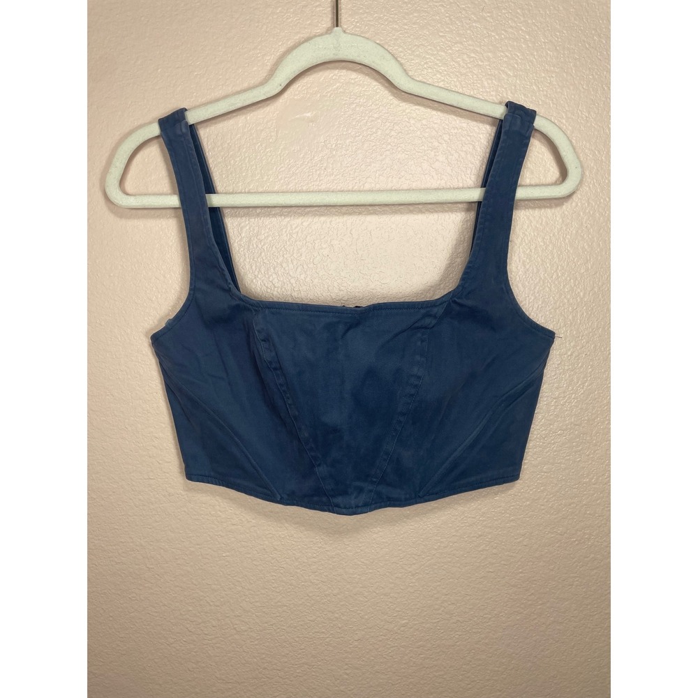 Free People Navy Blue Corset Crop Top Square Neck Zip Back Size 4 - Picture 1 of 9